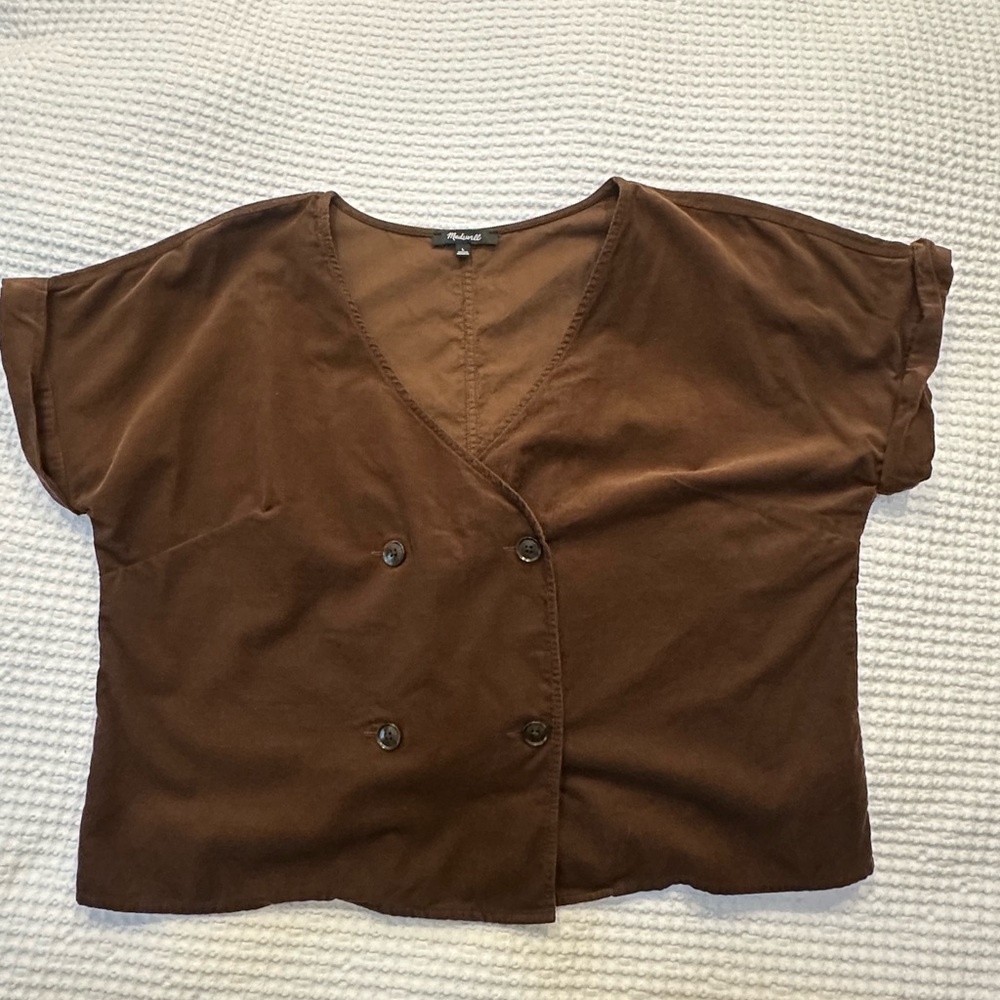 Madewell Brown Corduroy Short Sleeve Wrap Front Button-Up Blouse – Size L
